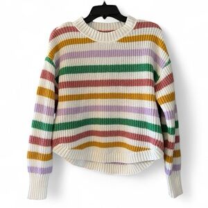 SO Colorful Rainbow & Cream Striped Multicolor Knit Crewneck Sweater Size Large